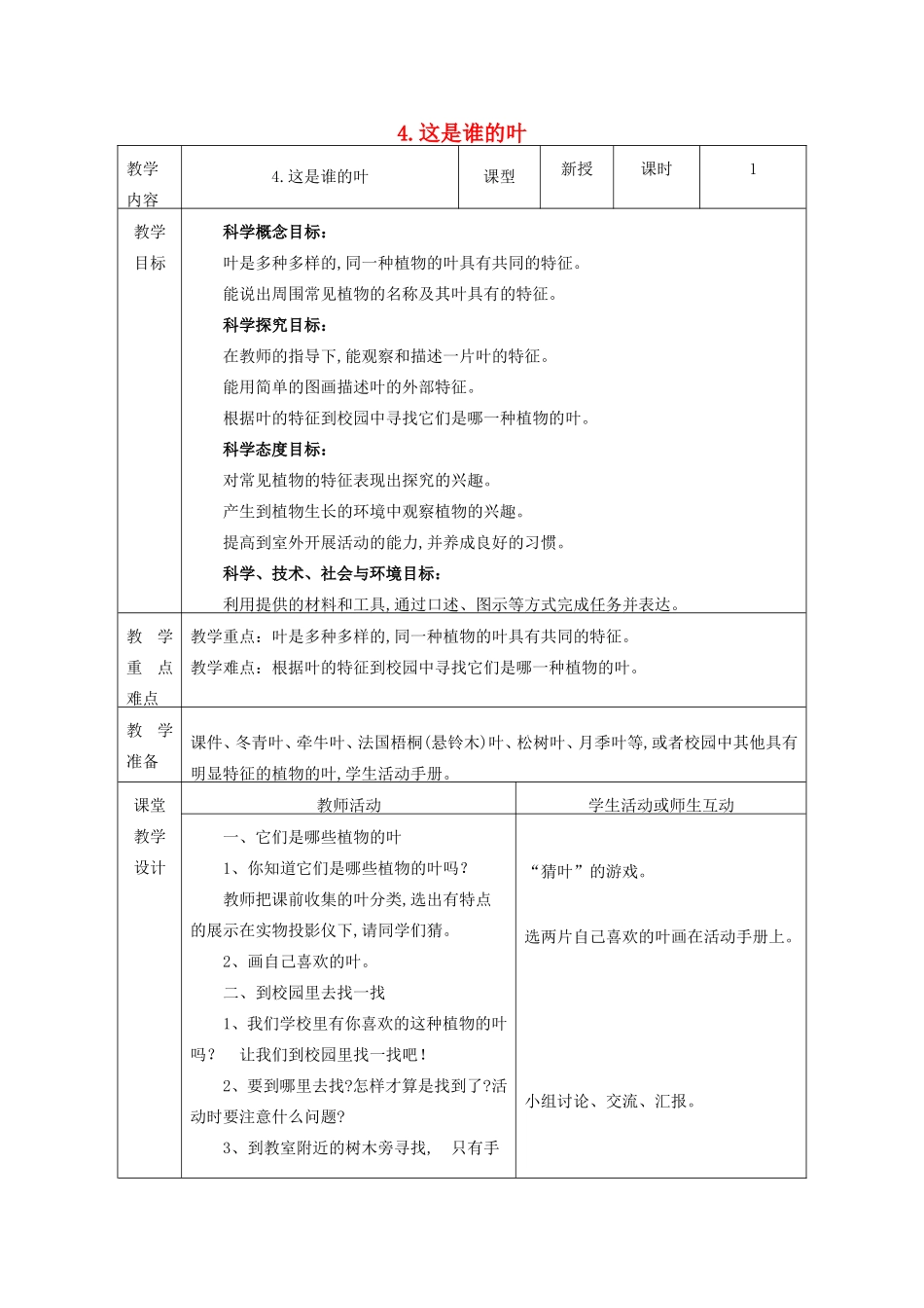 一年级科学上册 第1单元 植物 4《这是谁的叶》教案1 教科版-教科版小学一年级上册自然科学教案_第1页