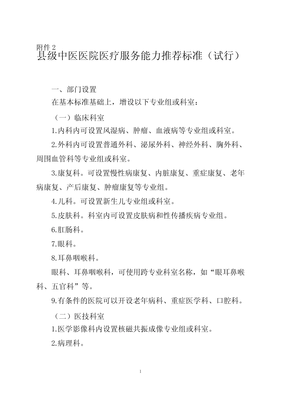 县级中医医院医疗服务能力推荐标准(试行) _第1页