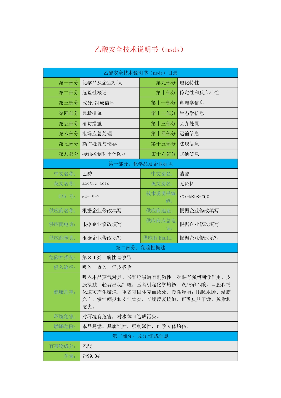 乙酸安全技术说明书(msds) _第1页
