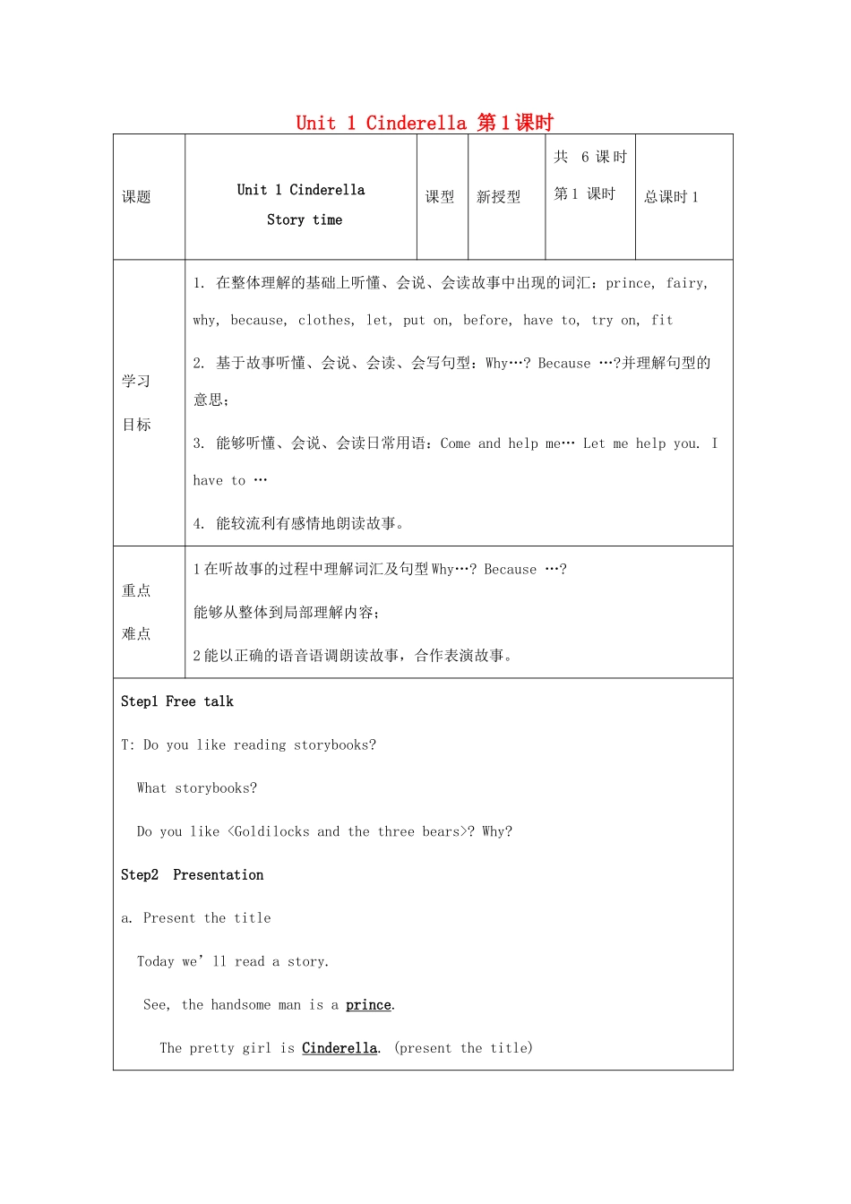 五年级英语下册 Unit 1 Cinderella（第1课时）教案 牛津译林版（三起）-牛津版小学五年级下册英语教案_第1页