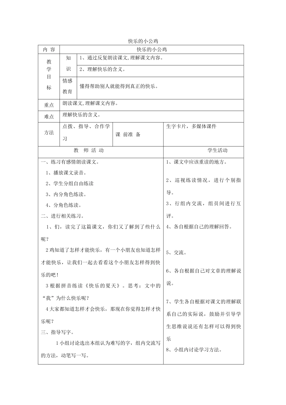 一年级语文下册 16 快乐 快乐的小公鸡（第2课时）教案 北师大版-北师大版小学一年级下册语文教案_第1页
