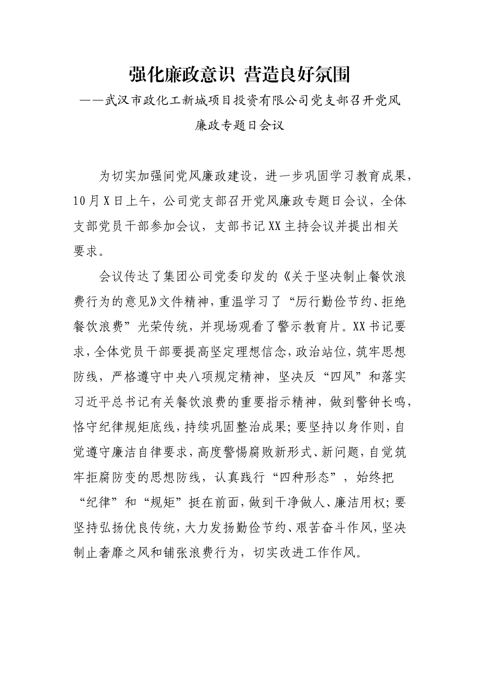 武汉市政化工新城项目投资有限公司党支部召开党风廉政专题日会议_第1页