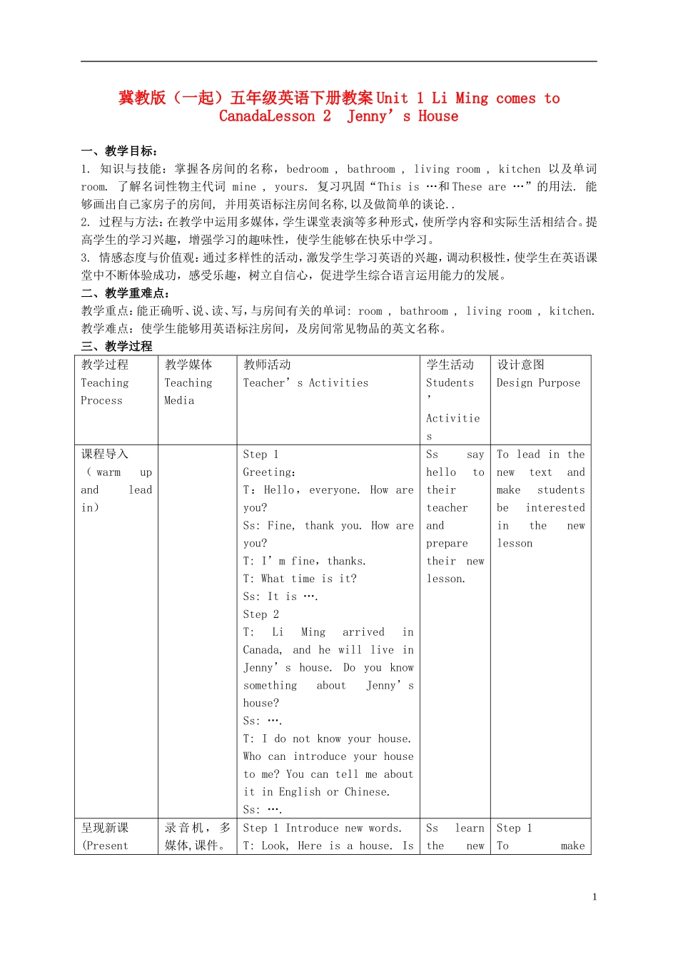 五年级英语下册 Unit 1 Lesson 2Jenny’s House(1)教案 冀教版_第1页