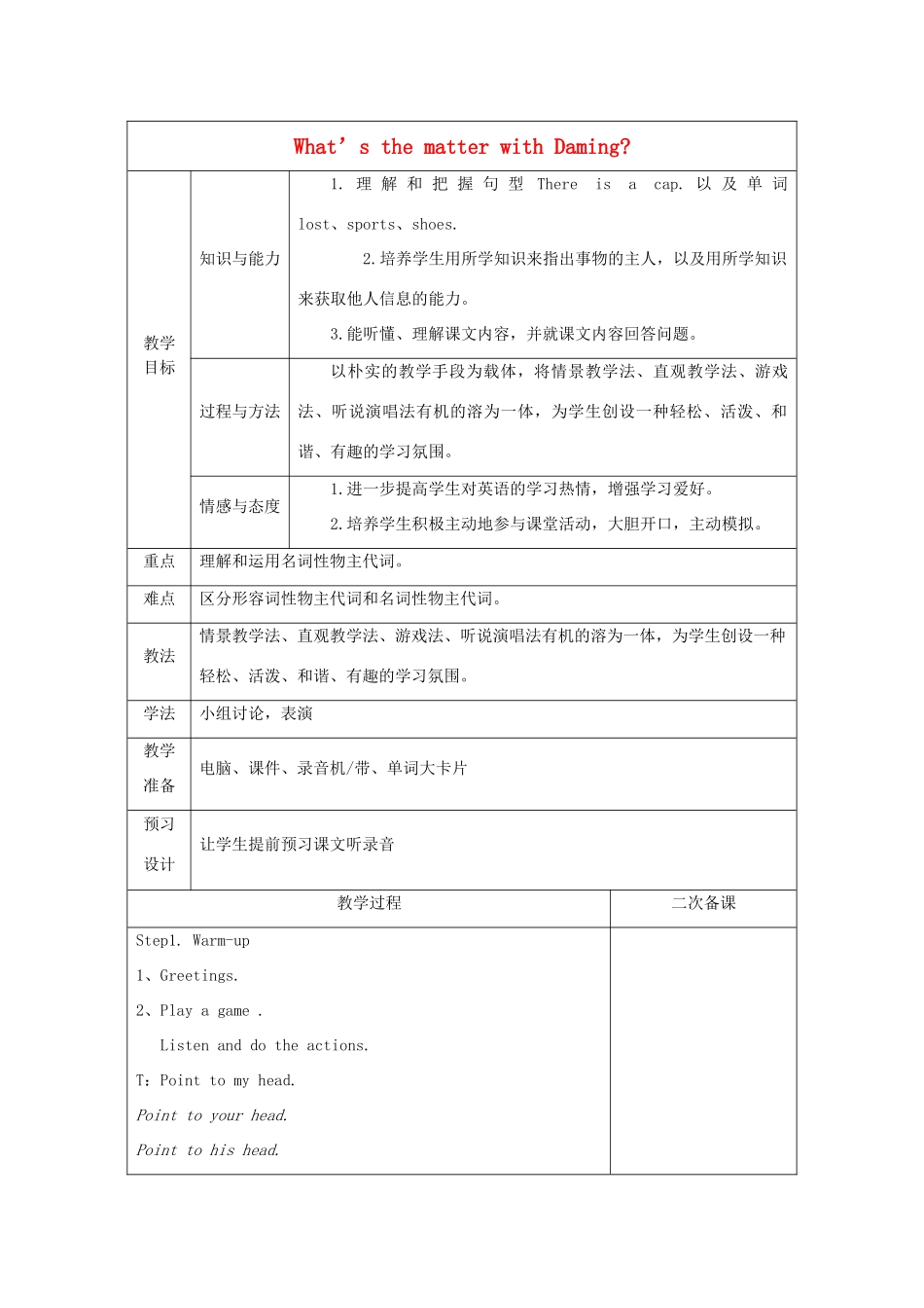 五年级英语上册 Module 4 Unit 2 What’s the matter with Daming教案 外研版（三起）-外研版小学五年级上册英语教案_第1页