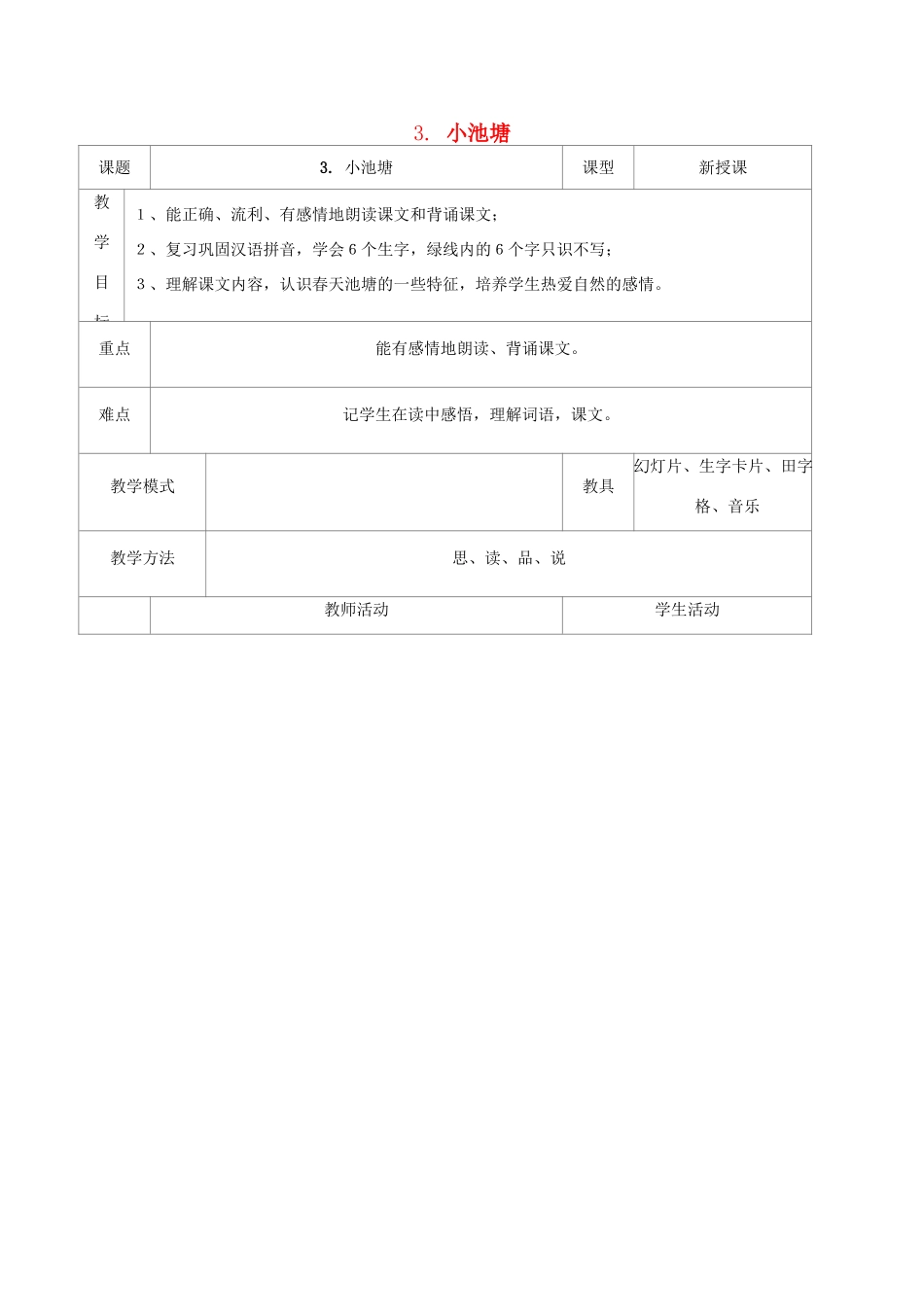 一年级语文下册 3 小池塘教案2 苏教版-苏教版小学一年级下册语文教案_第1页