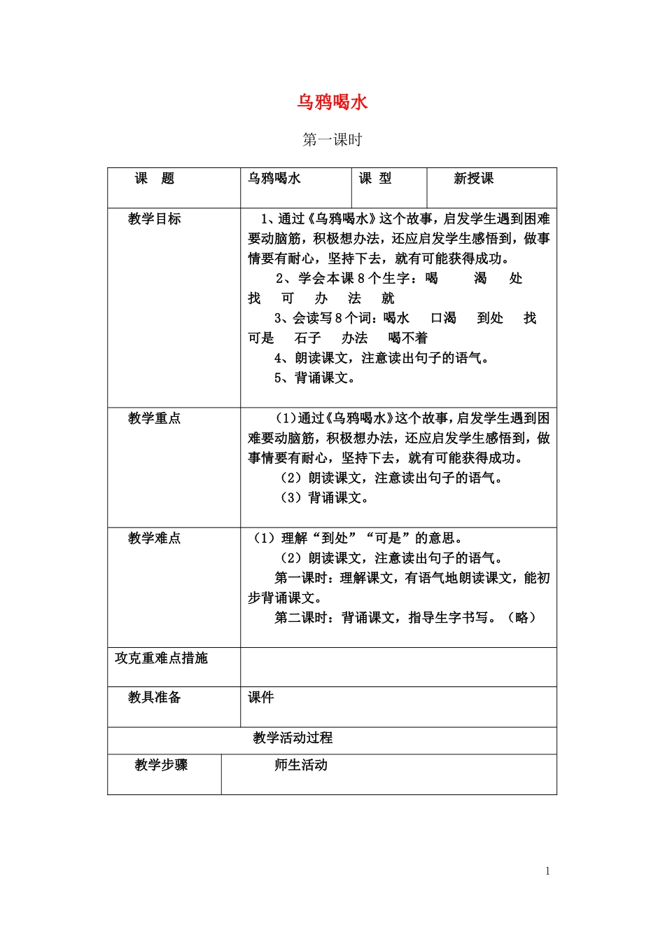 一年级语文下册 乌鸦喝水教案 北京版_第1页