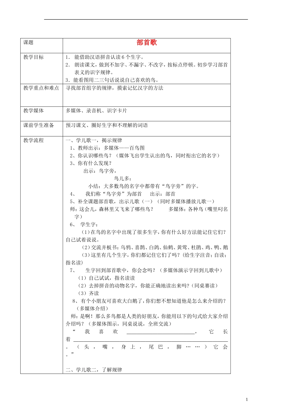 一年级语文下册 部首歌教案 沪教版_第1页