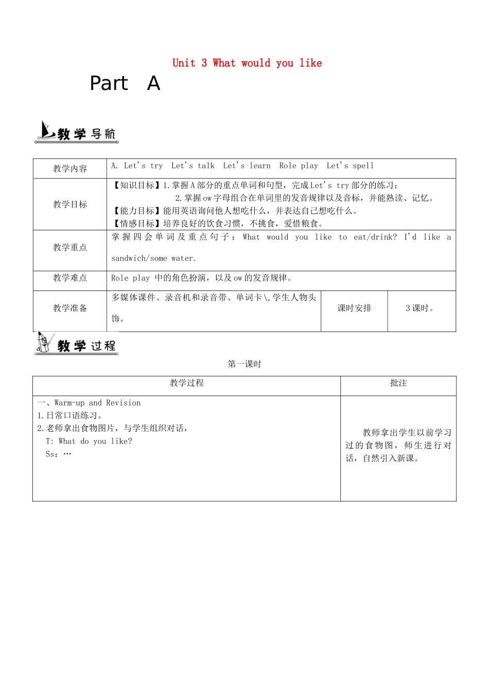 五年级英语上册 Unit 3 What would you like单元教案1 人教PEP版-人教PEP小学五年级上册英语教案_第1页