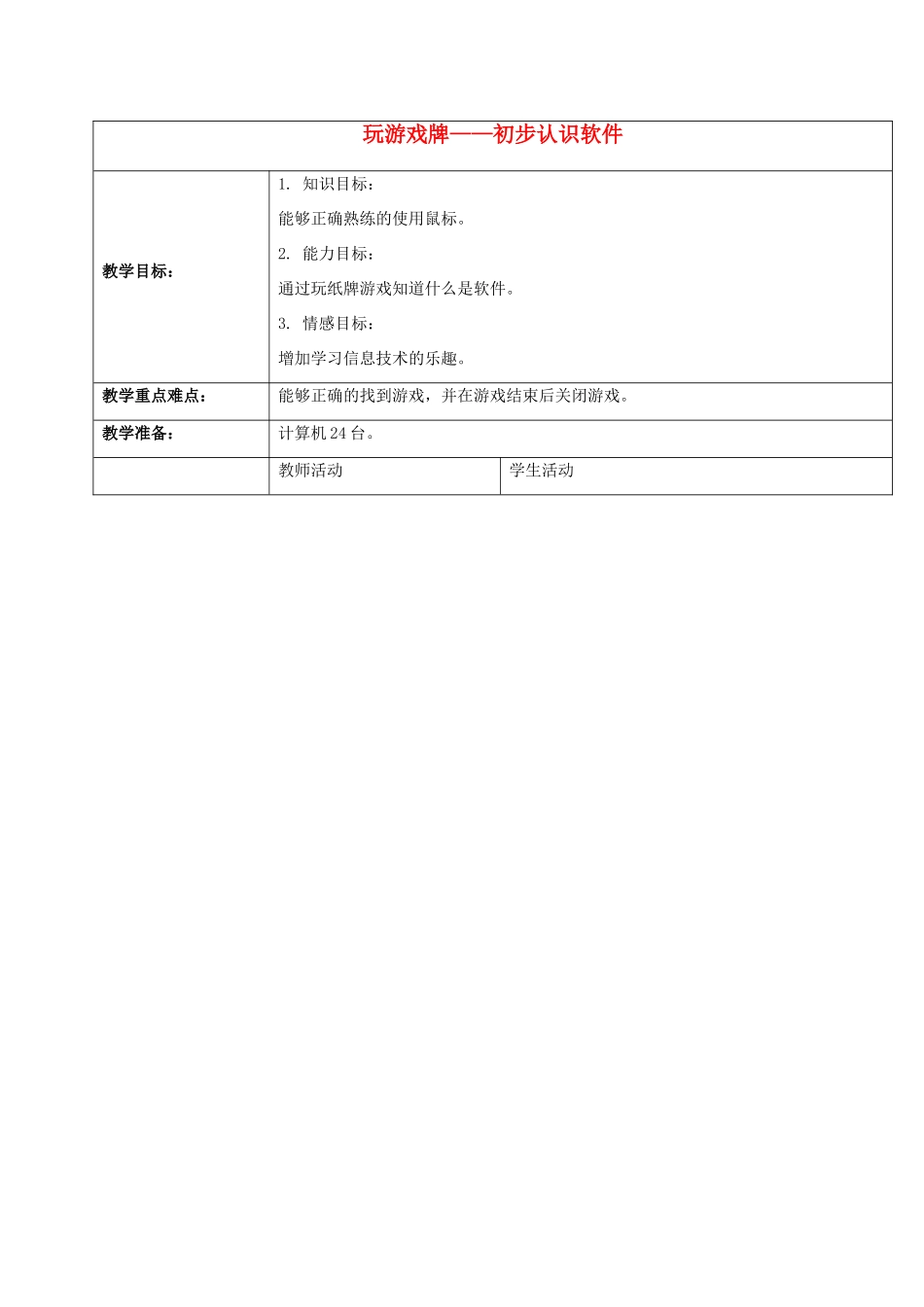 一年级信息技术上册 玩游戏牌——初步认识软件教案 河大版_第1页
