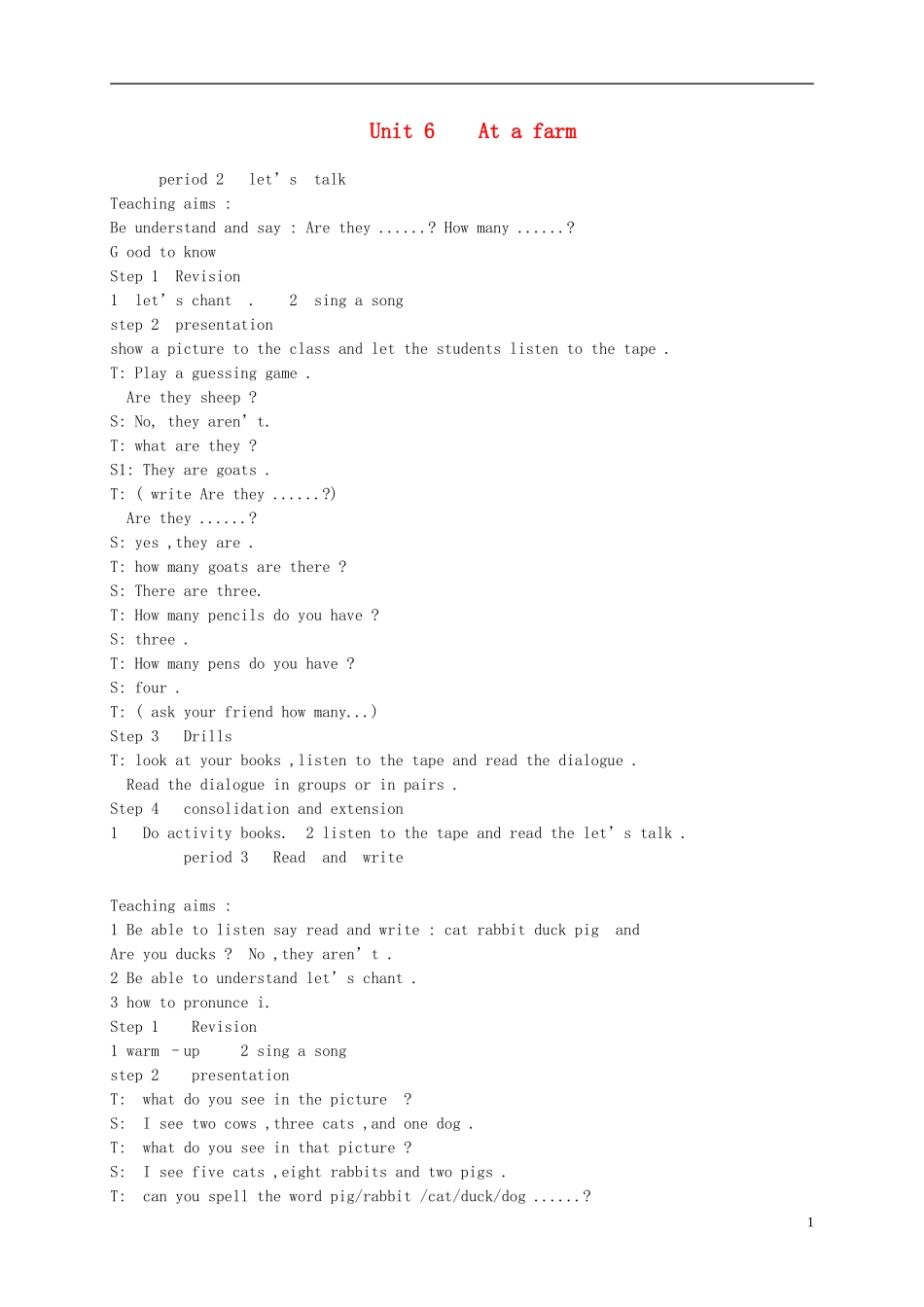 四年级英语下册 unit6  Part B教案 人教pep_第1页