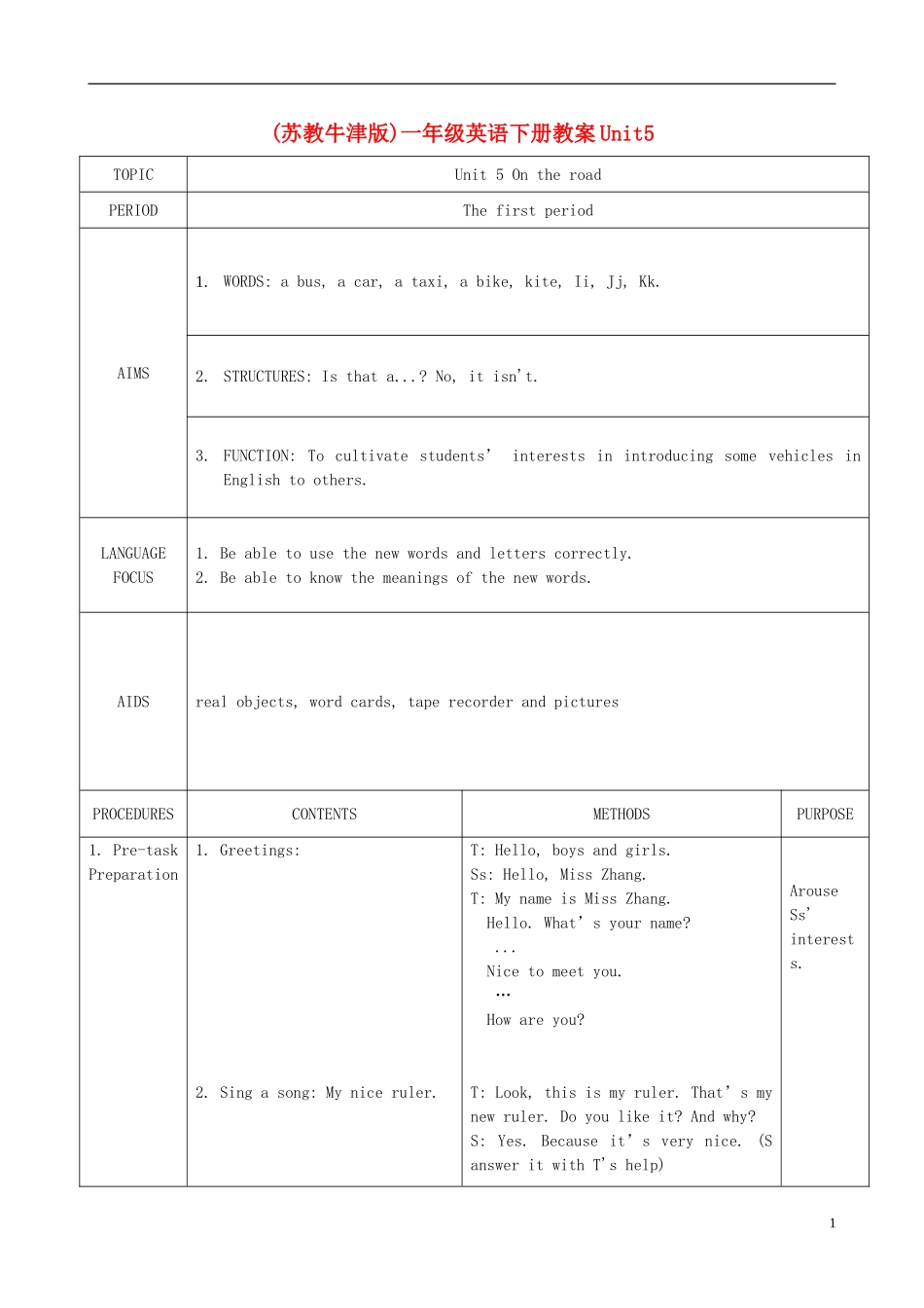 一年级英语下册 unit5 Lesson1教案 苏教牛津版_第1页