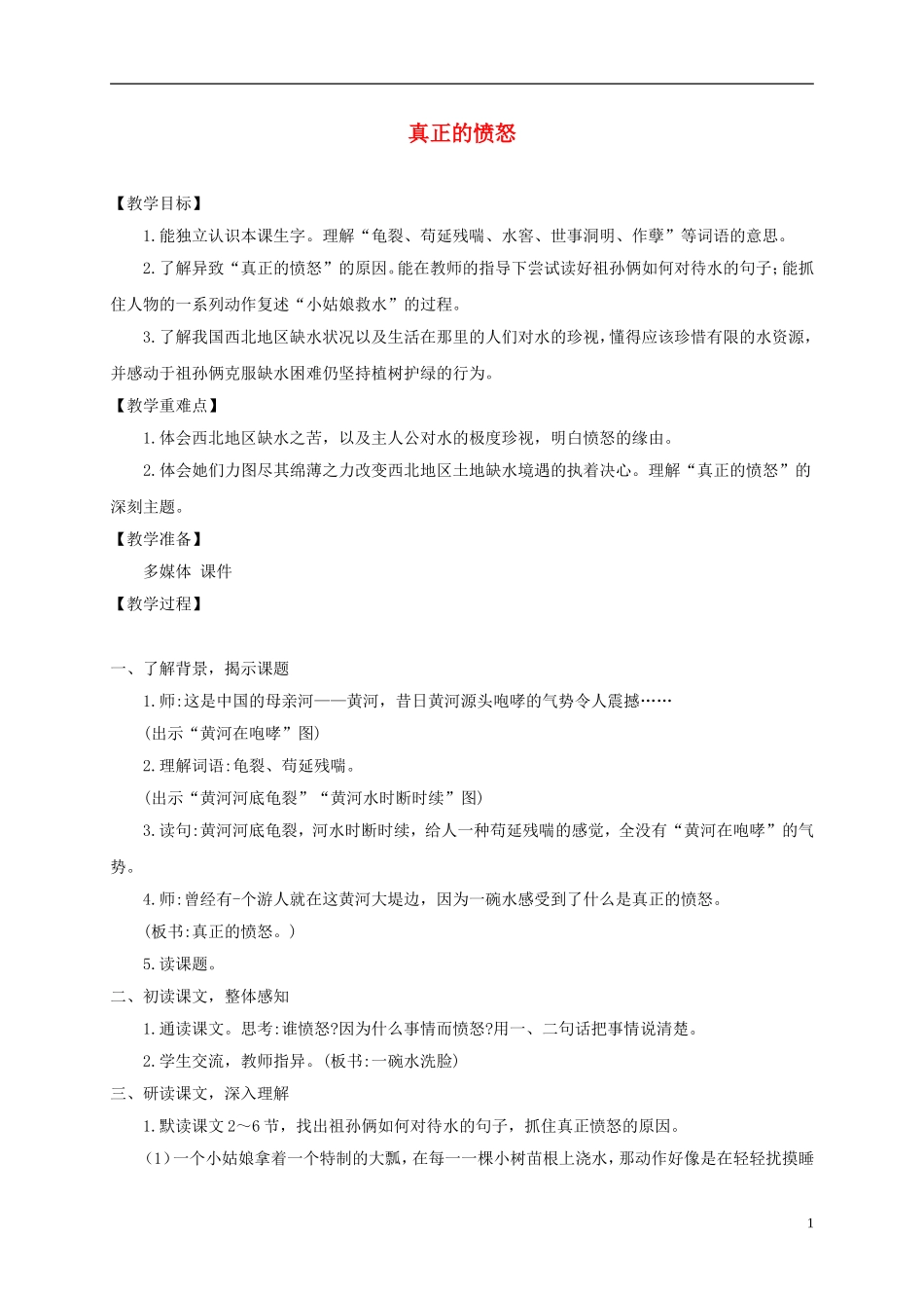 四年级语文下册 真正的愤怒 1教案 沪教版_第1页