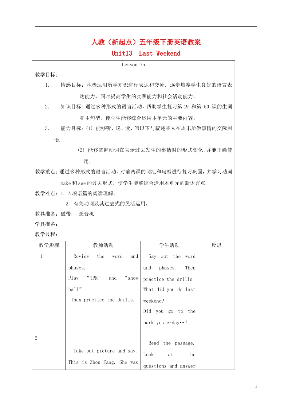 五年级英语下册 unit13 Lesson75教案 人教新起点_第1页