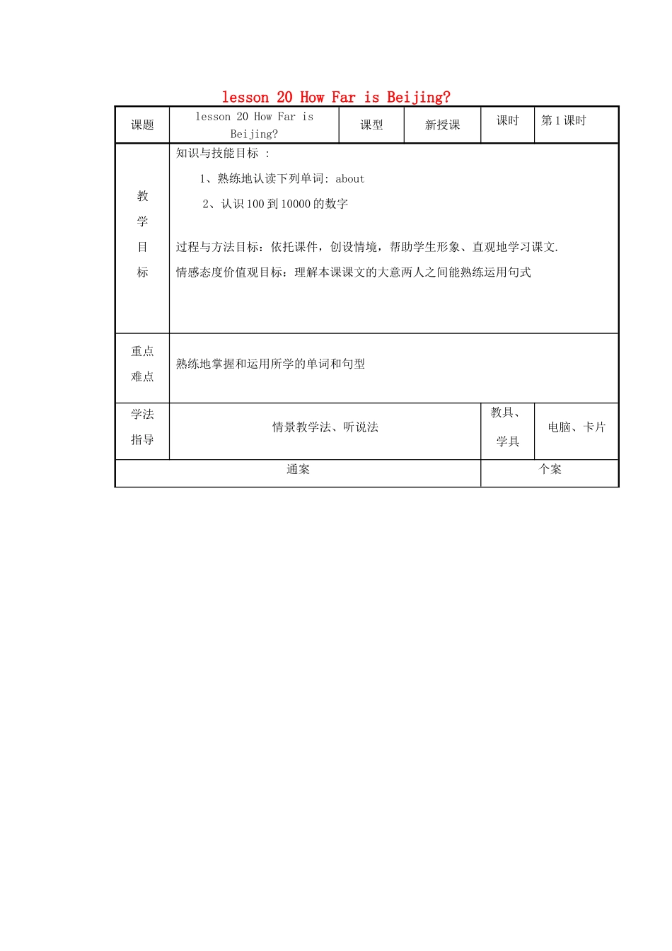 五年级英语上册 Unit3 Lesson20 How Far is Beijing教案 冀教版（三起）-冀教版小学五年级上册英语教案_第1页