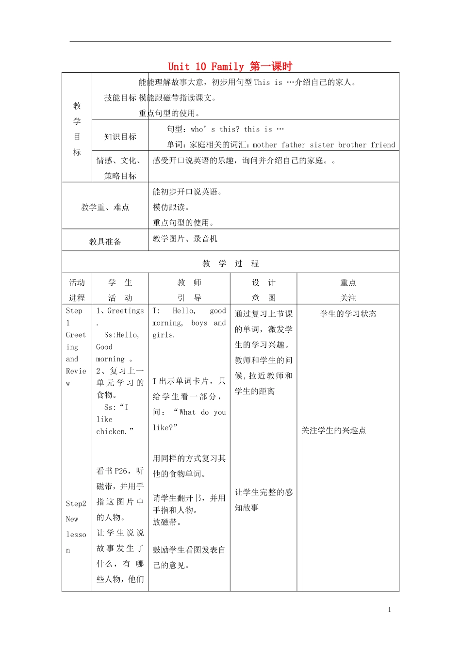 一年级英语下册 Unit 10 Family （1-2课时）教案 北师大版_第1页