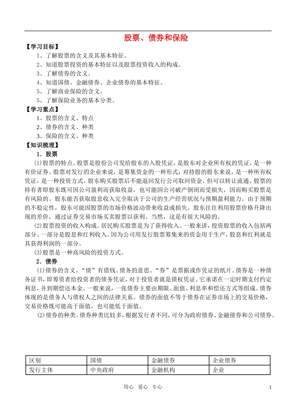高中政治 股票、债券和保险教案 新人教版必修1_第1页