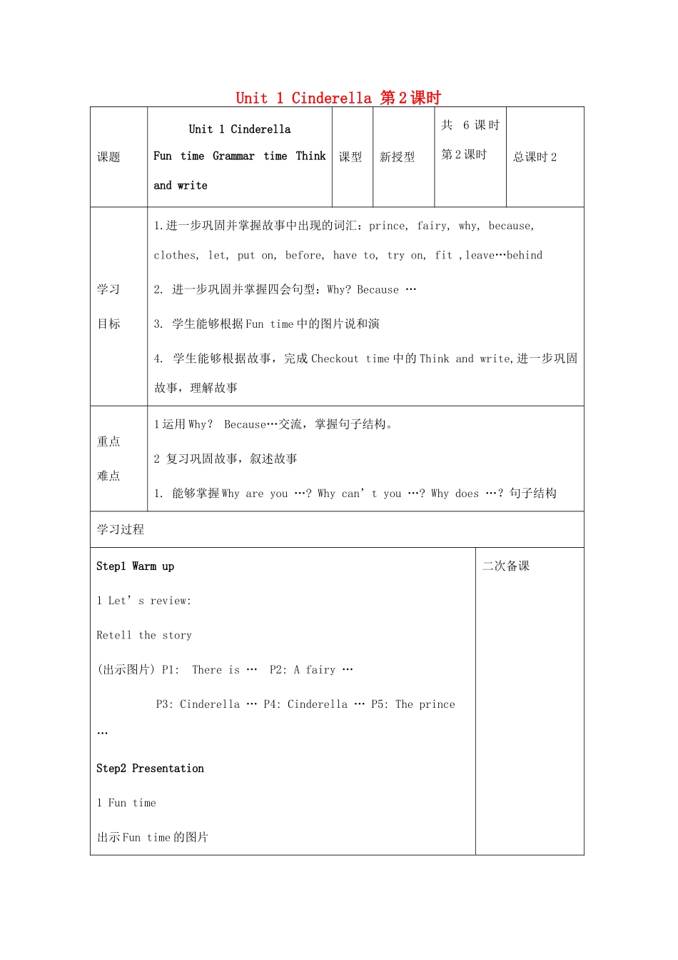 五年级英语下册 Unit 1 Cinderella（第2课时）教案 牛津译林版（三起）-牛津版小学五年级下册英语教案_第1页