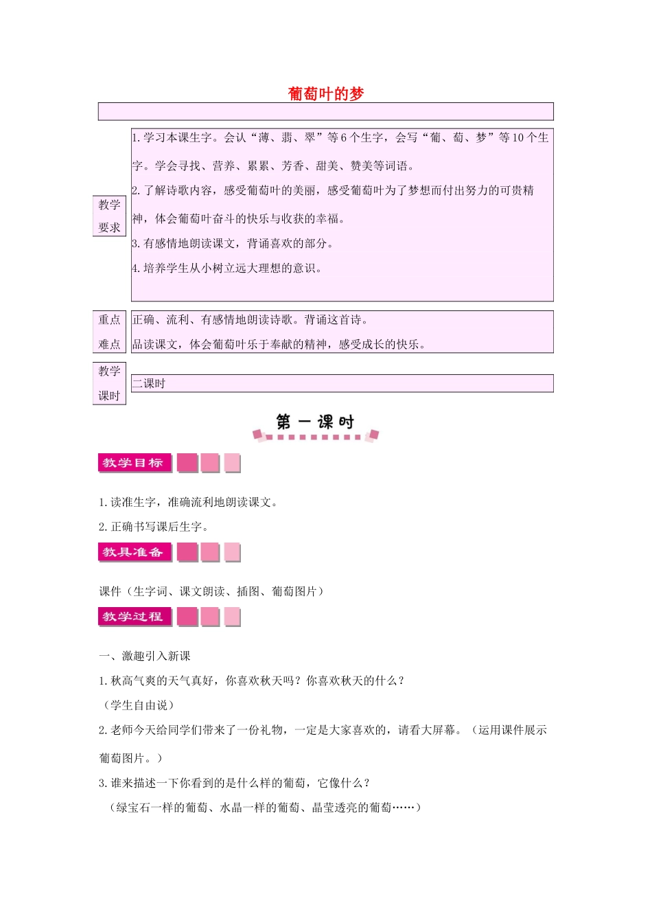 小学语文《葡萄叶的梦》教案-人教版小学全册语文教案_第1页