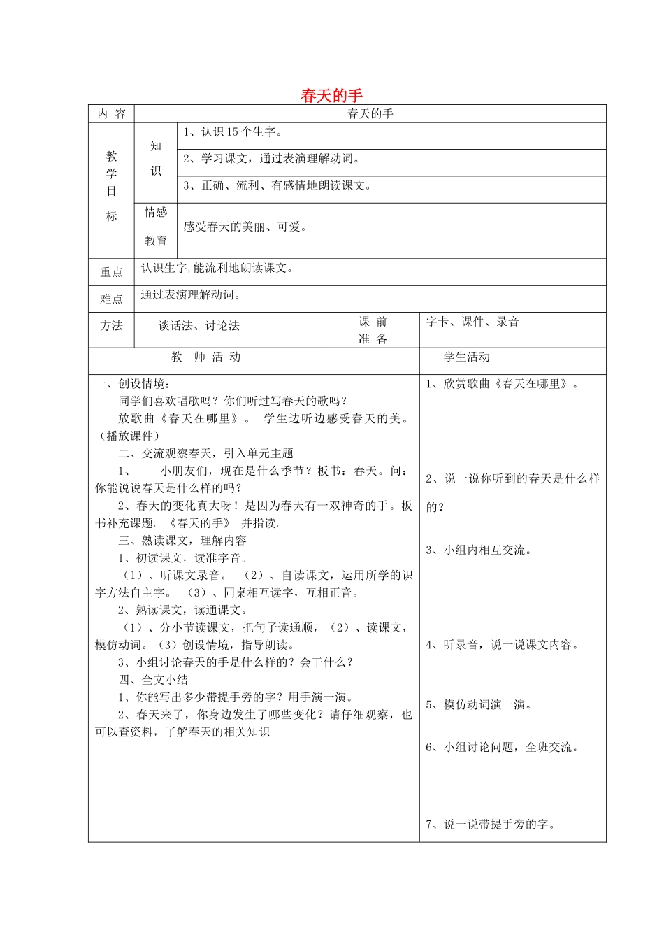一年级语文下册 3 春天 春天的手（第1课时）教案 北师大版-北师大版小学一年级下册语文教案_第1页