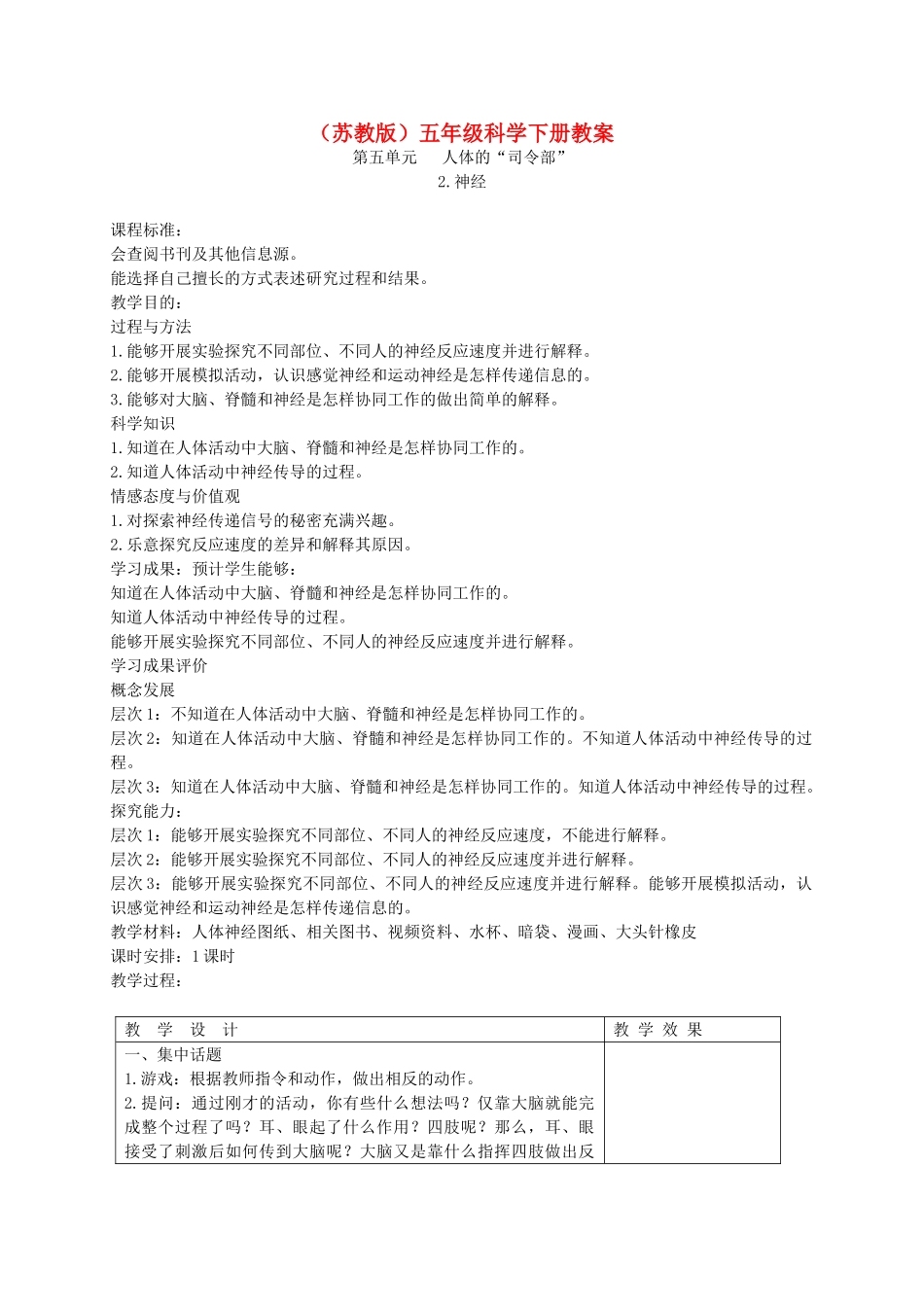 五年级科学下册 神经3教案 苏教版_第1页
