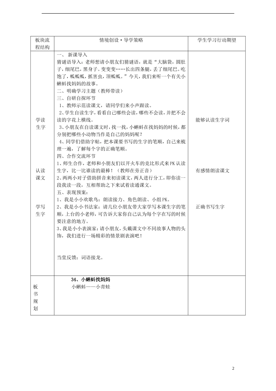 一年级语文下册 34 小蝌蚪找妈妈课案 人教新课标版_第2页