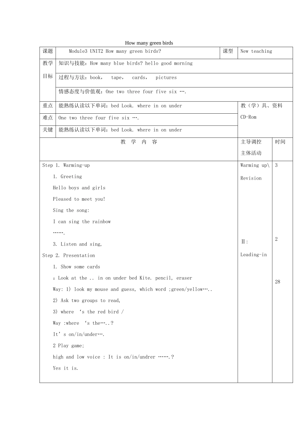 一年级英语下册 Module 3 unit 2 How many green birds教案1 外研版（一起）-外研版小学一年级下册英语教案_第1页