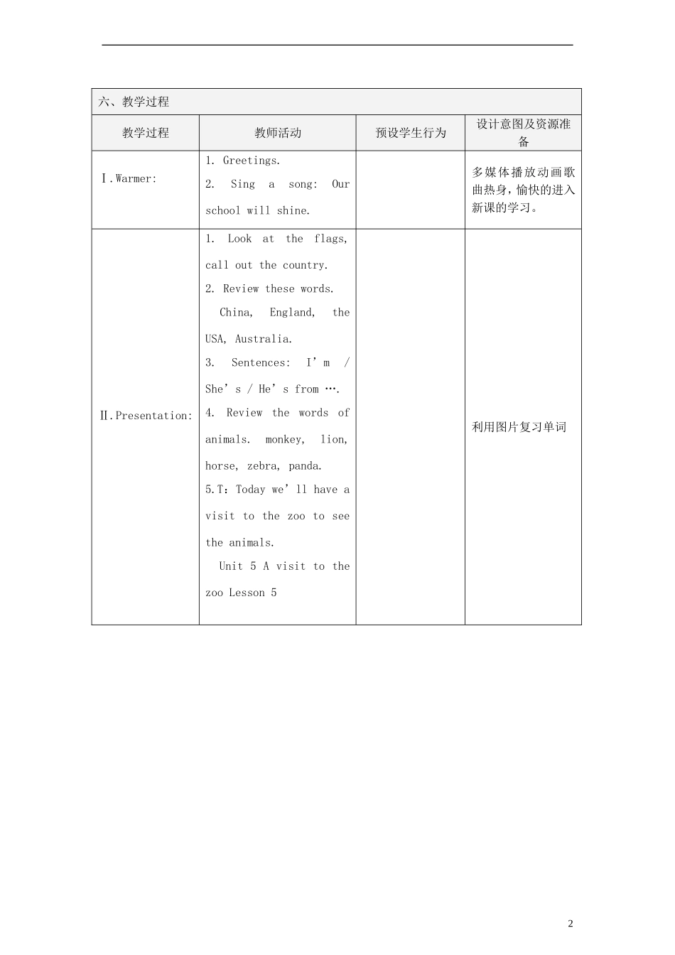 五年级英语上册 unit3 A visit to the zoo Lesson5（1）教案 闽教版_第2页