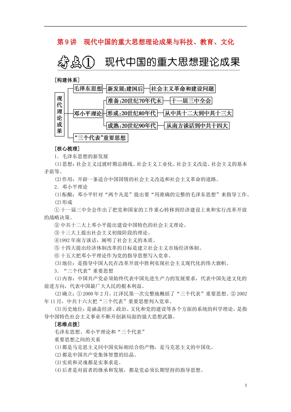 2013年高考历史二轮专题复习讲义 第09讲 现代中国的重大思想理论成果与科技、教育、文化_第1页