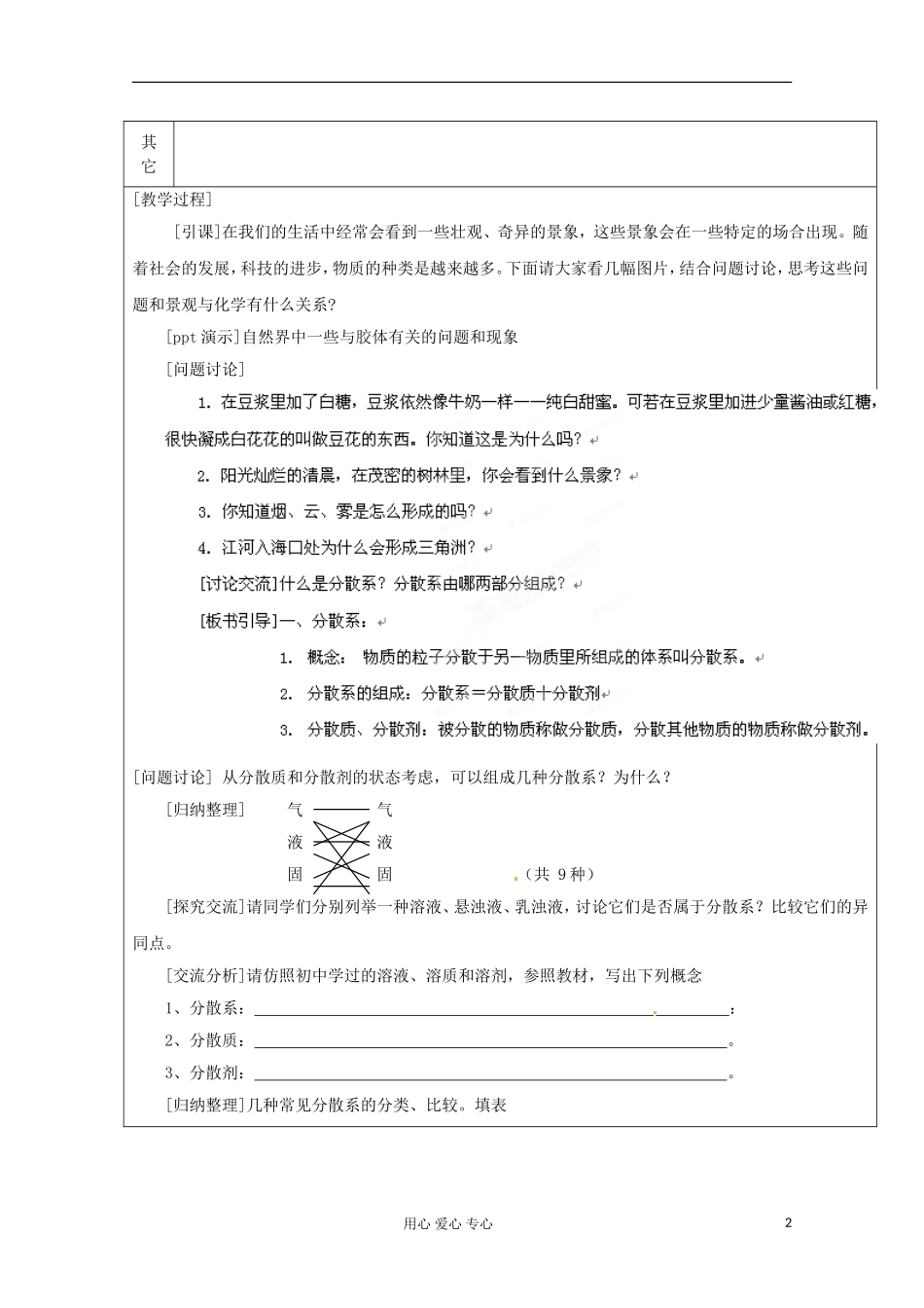 新疆库尔勒巴州高一化学《分散系及其分类》教案 新人教版_第2页