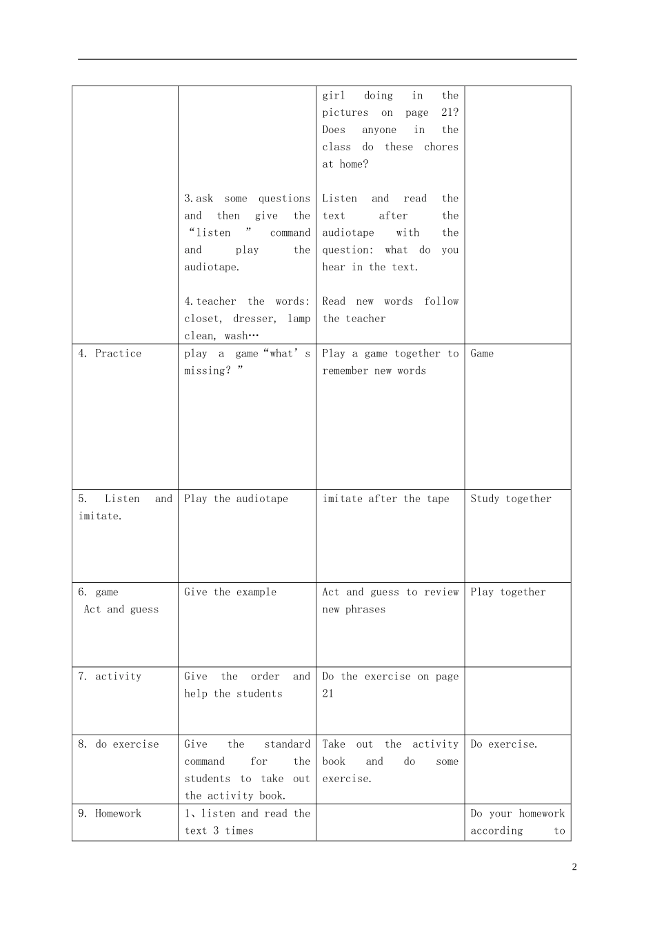 二年级英语下册 Unit 2 Lesson 10 I clean my room(1)教案 冀教版（一起）_第2页