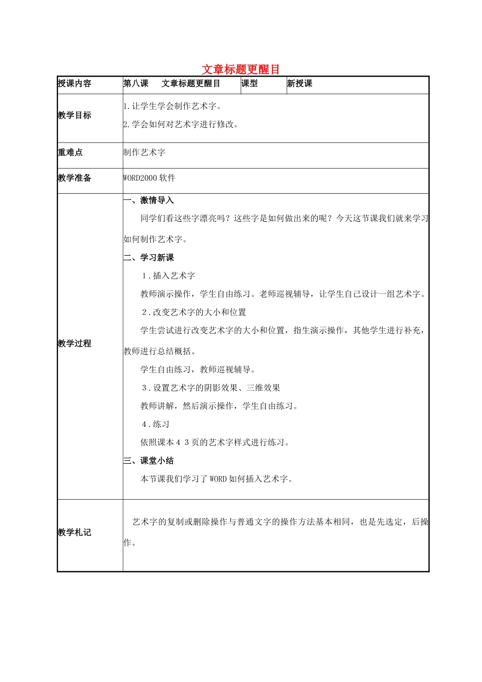 二年级信息技术下册 文章标题更醒目 1教案 泰山版_第1页