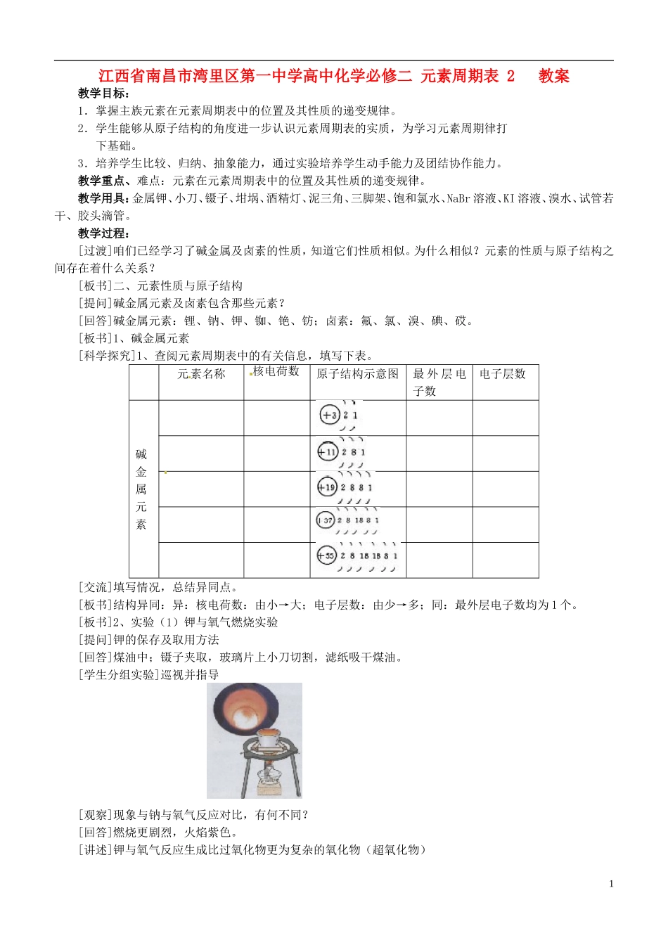 江西省南昌市湾里区第一中学高中化学 元素周期表 2教案 新人教版必修2_第1页
