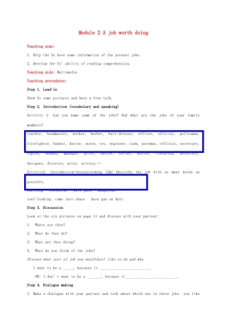 2014年秋高中英语 Module 2 A Job Worth Doing教案 外研版必修5