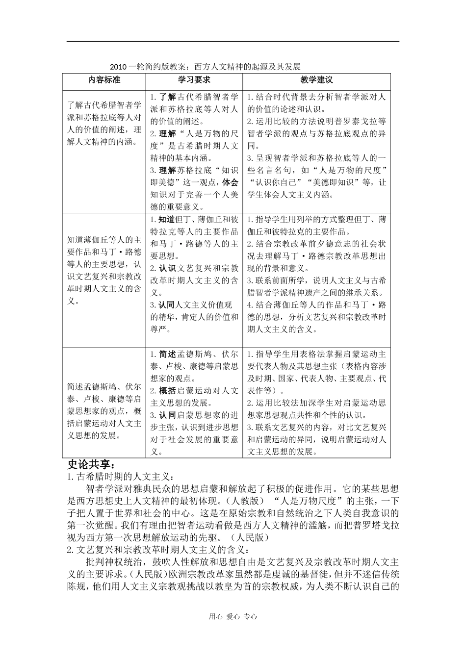 2010届高三历史一轮简约版教案：西方人文精神的起源及其发展_第1页