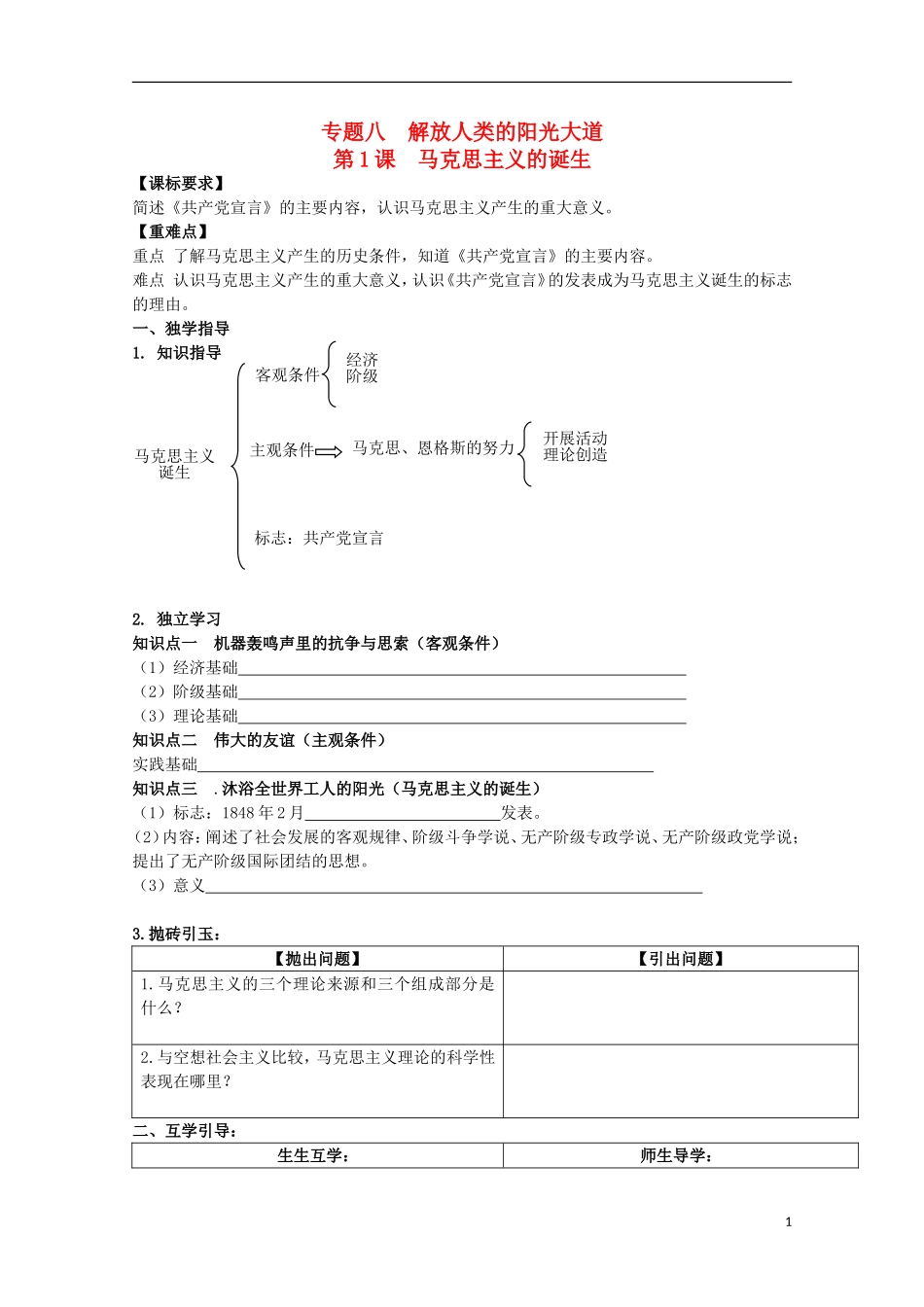 重庆市江津五中高中历史 专题八《第1课 马克思主义的诞生》复习教案 人民版必修1_第1页
