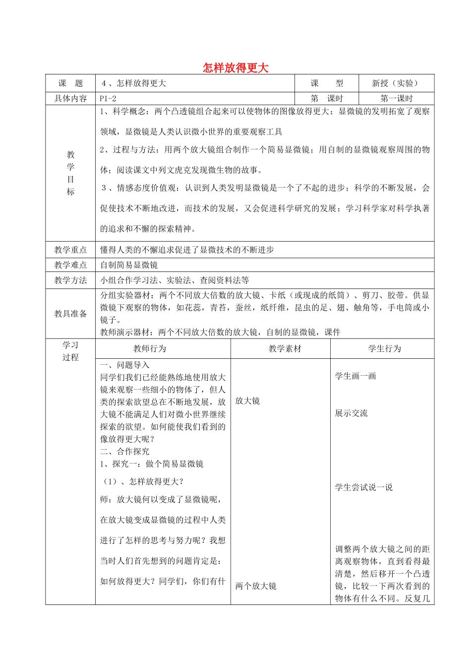 六年级科学下册 1.4《怎样放得更大》教案 教科版-教科版小学六年级下册自然科学教案_第1页