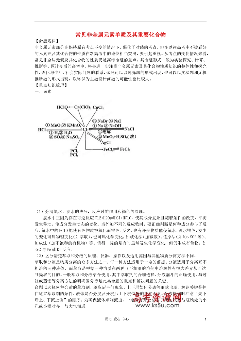2012年高考化学二轮 专题训练 专题十一 常见非金属元素单质及其重要化合物教案（学生版）_第1页
