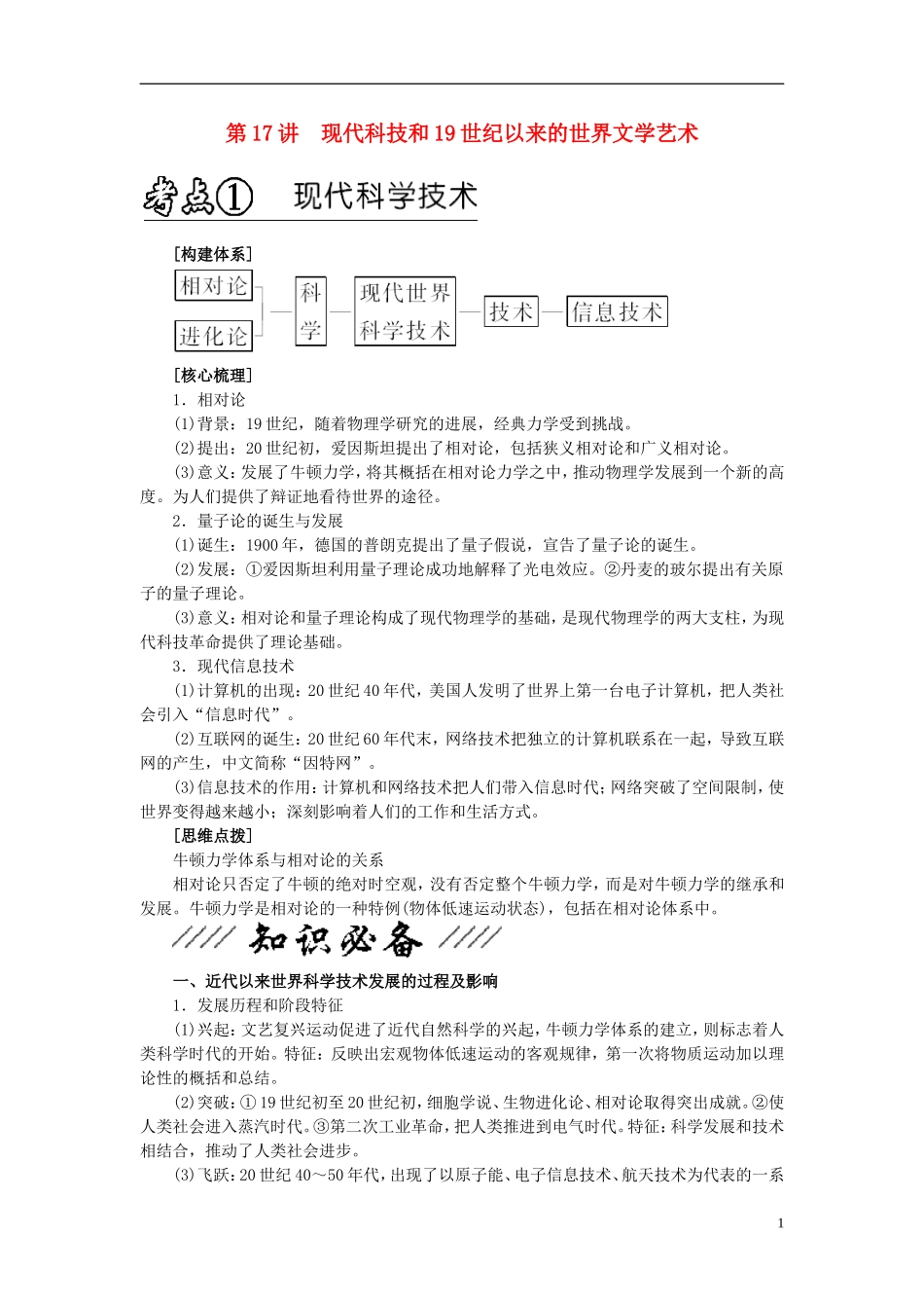 2013年高考历史二轮专题复习讲义 第17讲 现代科技和19世纪以来的世界文学艺术_第1页