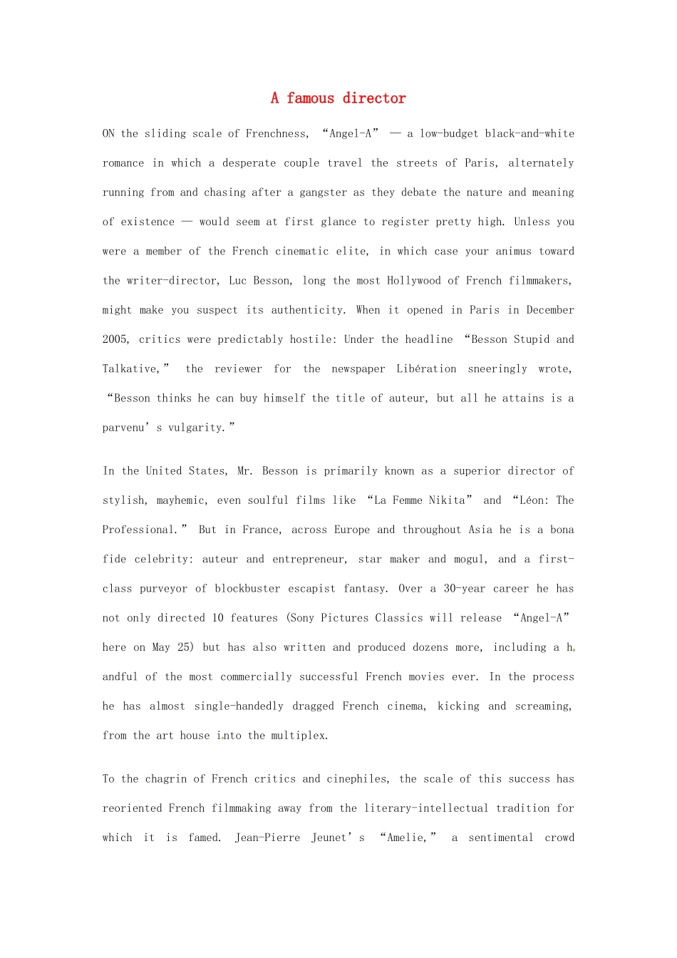 2014年秋高中英语 Module 3 Adventure in Literature and the Cinema A famous director训练 外研版必修5_第1页