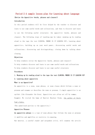 2014-2015学年高中英语 Unit 2 Period 2 A sample lesson plan for Learning about Language教学设计 新人教版选修8