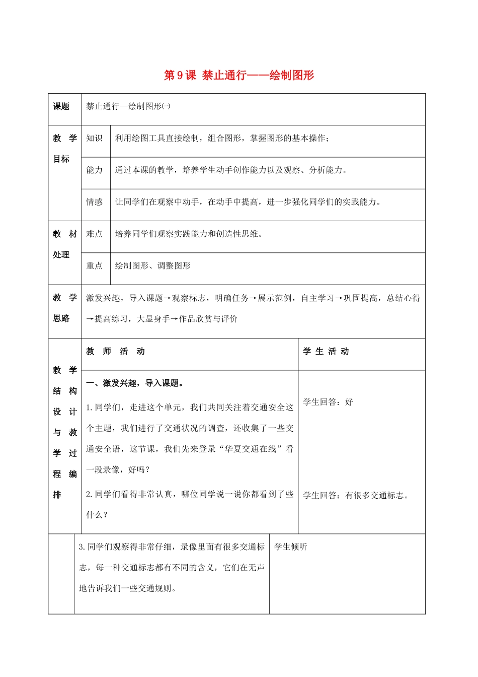 二年级信息技术上册 第9课 禁止通行——绘制图形 1（第一课时）教案 河大版_第1页