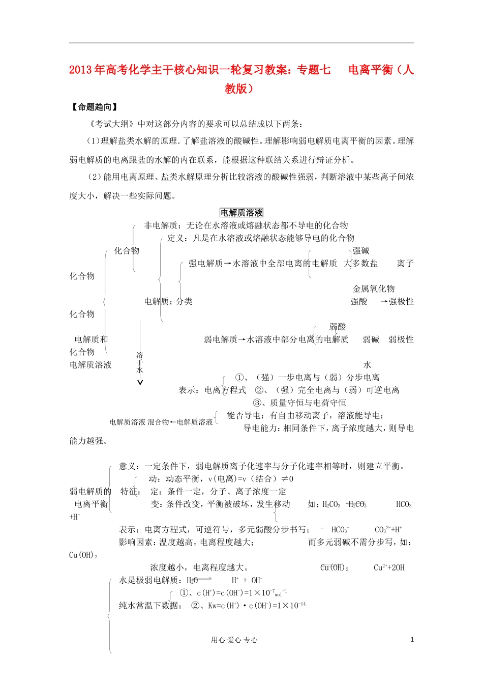 2013年高考化学主干核心知识一轮复习 专题七 电离平衡教案 新人教版_第1页
