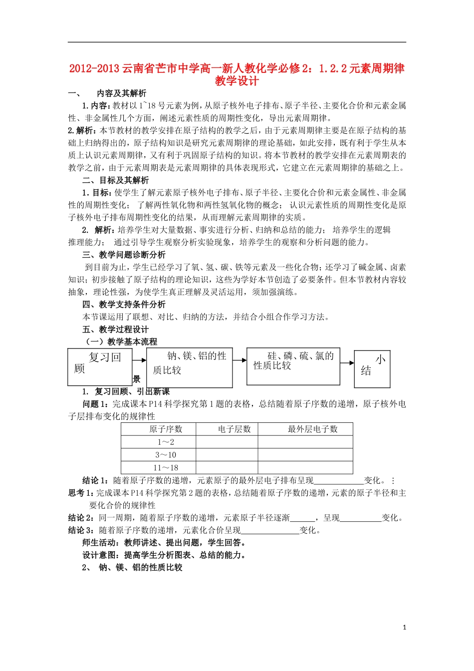 云南省2012-2013高中化学 1.2.2元素周期律教学设计 新人教必修2_第1页