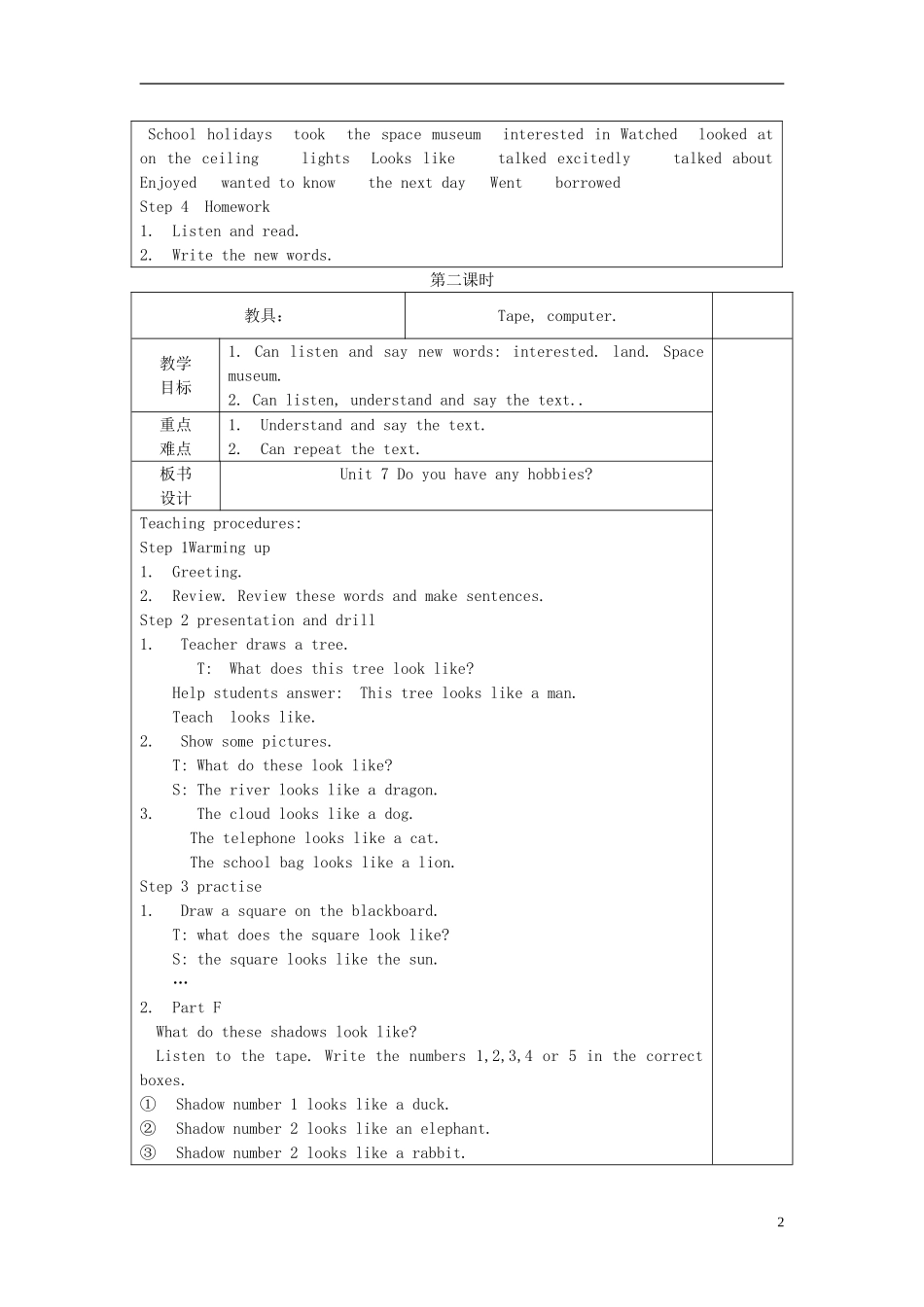 五年级英语上册 Unit7（五）教案 湘少版_第2页