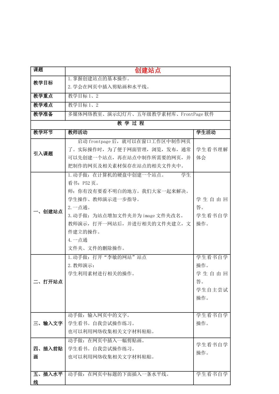 五年级信息技术下册 创建站点 1 第一课时教案 人教新课标版_第1页