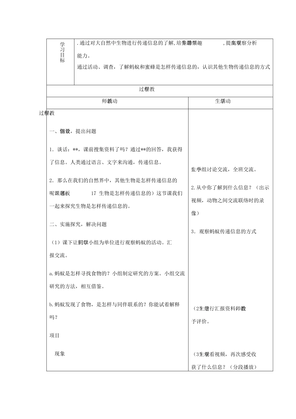 六年级科学下册《生物是怎样传递信息的》表格式教案 青岛版_第2页