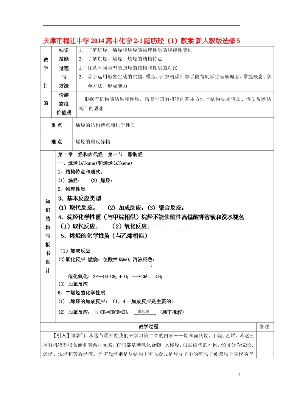 天津市梅江中学2014高中化学 2-1脂肪烃（1）教案 新人教版选修5_第1页