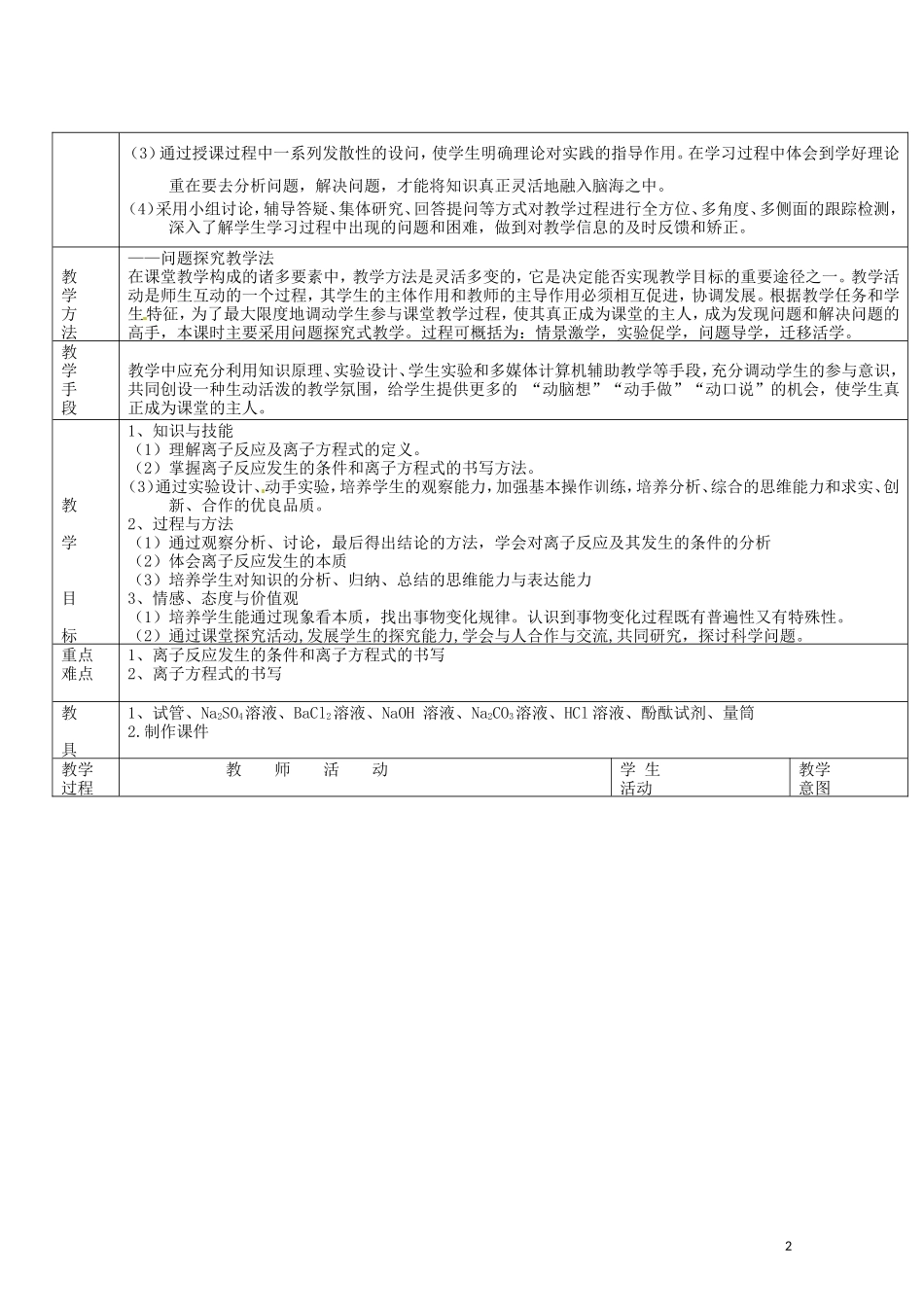 新疆和田地区第二中学2014高中化学 2.2 离子反应教学设计 新人教版必修1_第2页