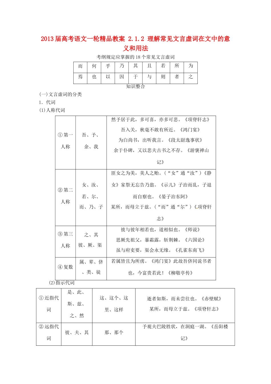 2013届高考语文一轮精品教案 2.1.2 理解常见文言虚词在文中的意义和用法_第1页