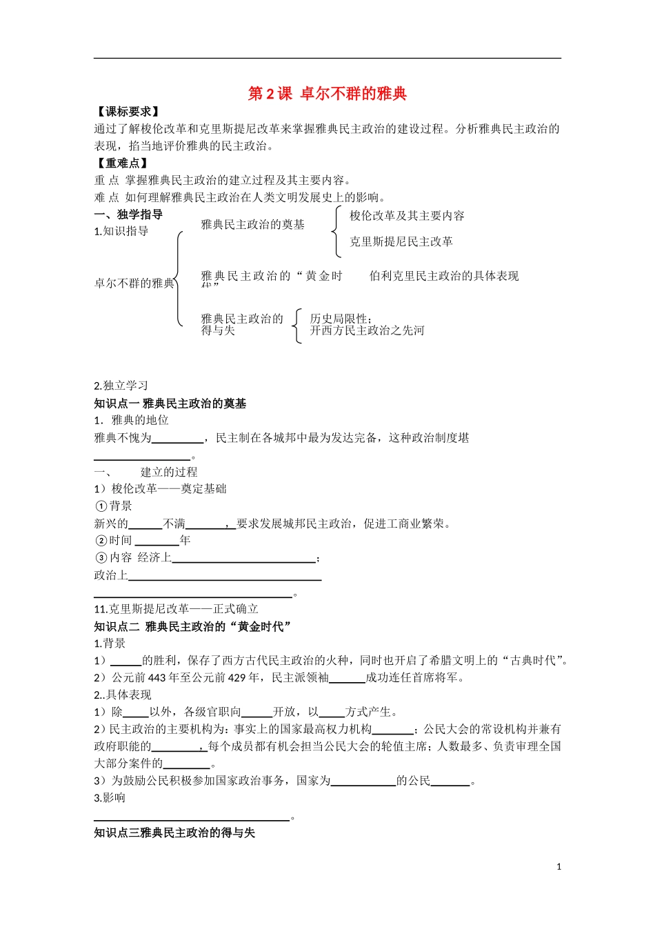 重庆市江津五中高中历史 专题六《第2课 卓尔不群的雅典》复习教案 人民版必修1_第1页